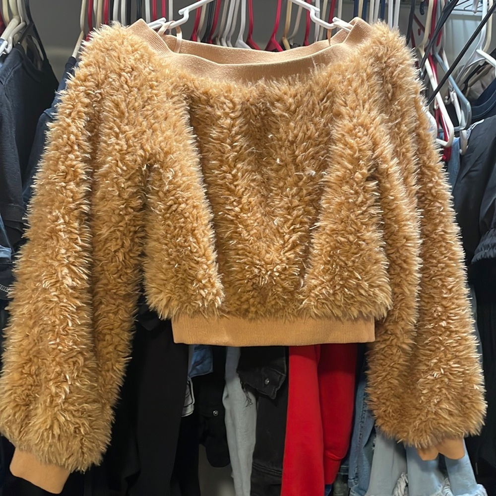 cozy girl off the shoulder fuzzy sweater, it's a small/8 never been wore